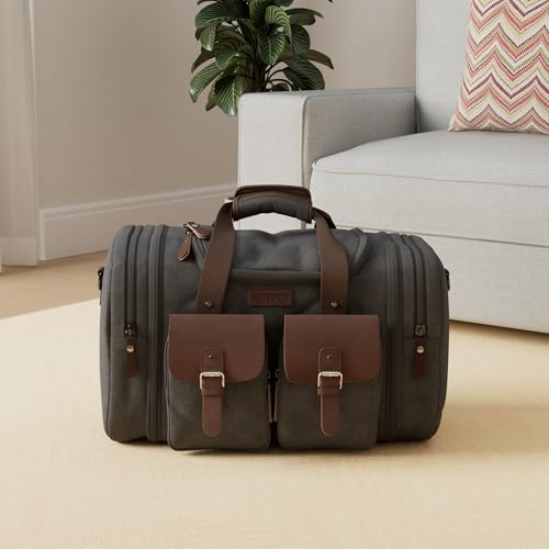 Wildroad 60L Travel Duffel Bag, Expandable Canvas Genuine Leather Duffle Bag Upgraded Overnight Weekender Bag Carry on Bag - Image 2