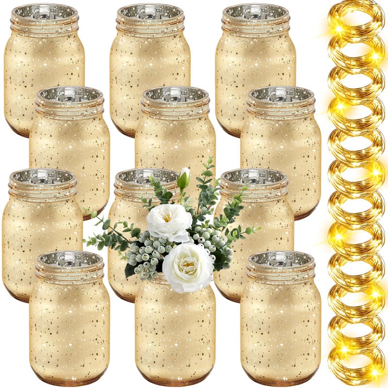 Tioncy 12 Pcs Painted Mason Jars for Table Glass Decorative Jars with 12 Light Strings for DIY, Wedding, Graduation, Bridal Shower, Housewarming, Home Decoration(Gold) - Image 1