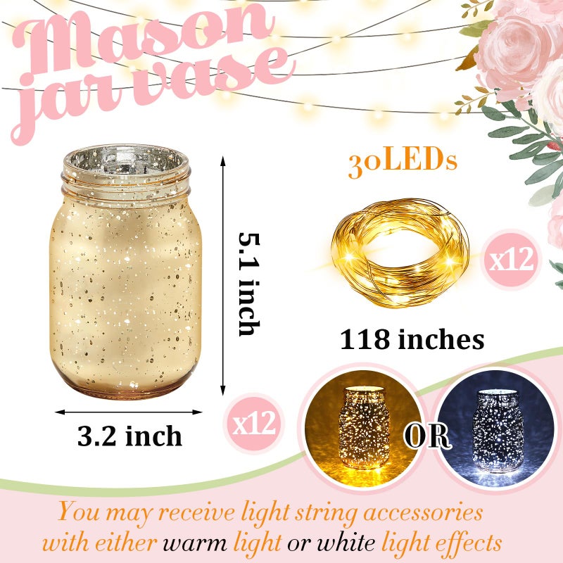 Tioncy 12 Pcs Painted Mason Jars for Table Glass Decorative Jars with 12 Light Strings for DIY, Wedding, Graduation, Bridal Shower, Housewarming, Home Decoration(Gold) - Image 2