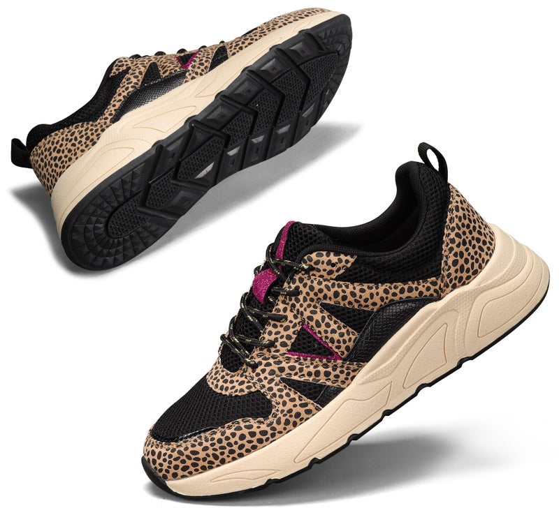 LUCKY STEP Womenâ€˜s Fashion Cusual Sneakers Platform Classic Leopard Walking Tennis Travel Shoes Chunky Colorful Lifestyle Sneakers(Black/Brown Leopard,6B(M) US) - Image 1
