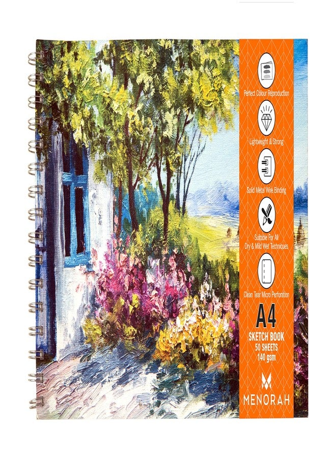 MENORAH كراسة رسم مينورا الورقية A4 - ألوان مائية للفنانين - 140 غرام/متر مربع، 100 صفحة/50 ورقة - سلك معدني - كراسة رسم دائرية للفنانين - (21.0 × 29.7 سم) - تصميم منزل ريفي - Image 1