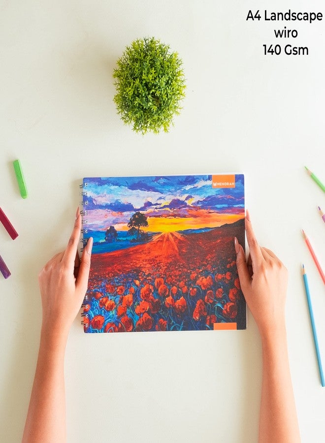 MENORAH كراسة رسم مينورا الورقية A4 - ألوان مائية للفنانين - 140 غرام/متر مربع، 100 صفحة/50 ورقة - سلك معدني - كراسة رسم دائرية للفنانين - (21.0 × 29.7 سم) - تصميم منزل ريفي - Image 2