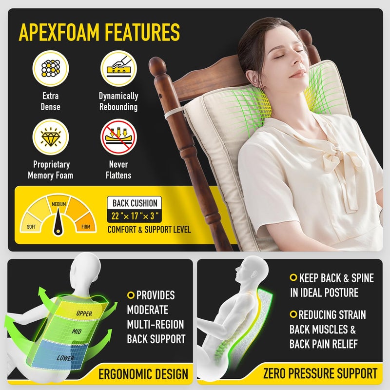 SUNROX Memory Foam Non Slip Rocking Chair Cushion, FadeShield Water Resistant Thicken Durable Tufted Pads, Set of Seat & Back Cushion with Ties for Indoor/Outdoor Rocker, 2 Piece, Cream - Image 3