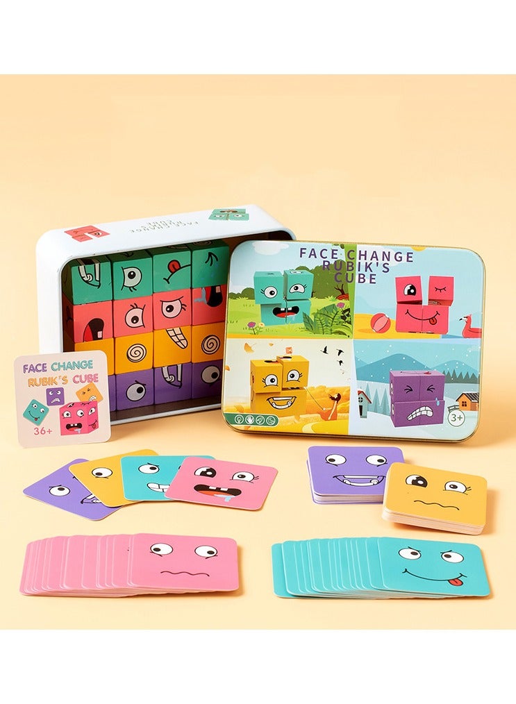 NIBEMINENT Wooden Face Changing Magic Cube Building Blocks Game Matching Expression Puzzle Toy Board Games for Family Night, Match Puzzles Geometric Emoji Toys for Kids and Adults  - Image 1