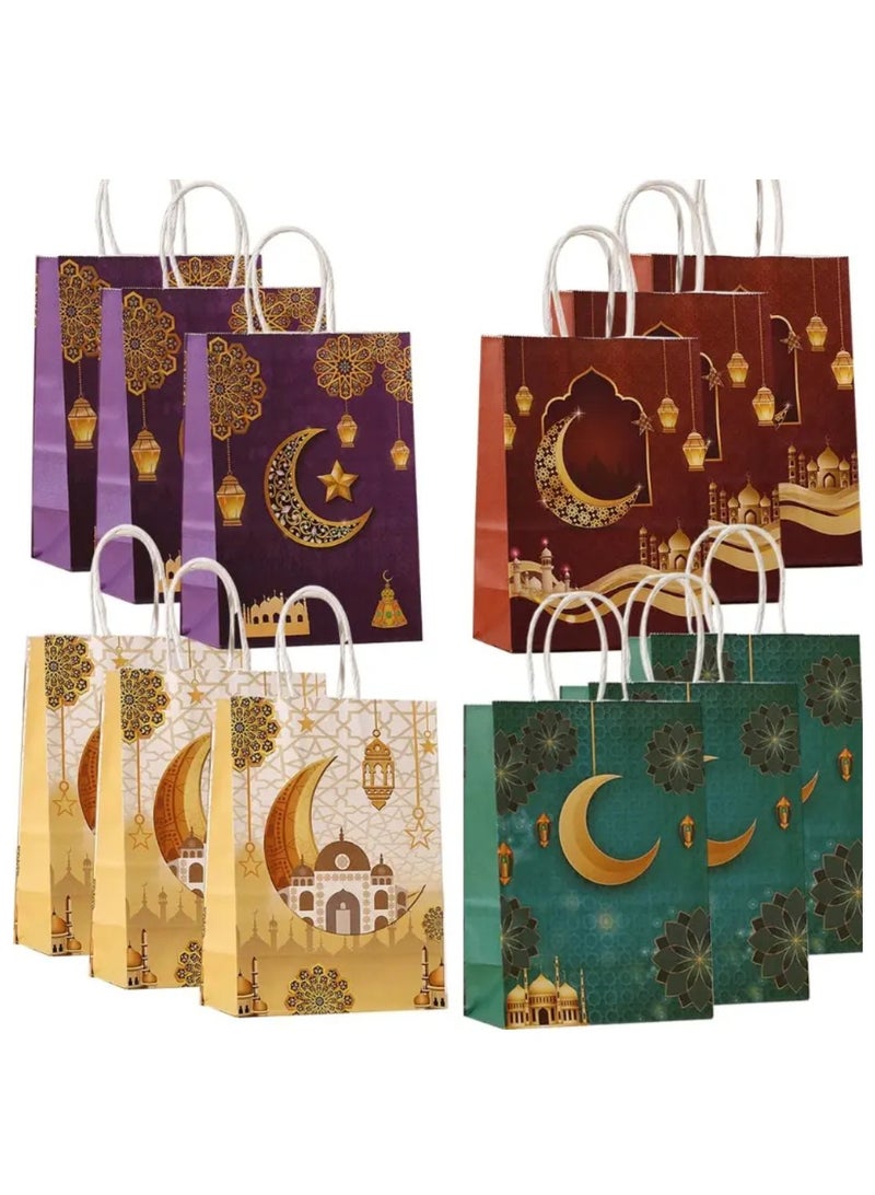 Yuwell 12 Pcs Eid Mubarak Bags Gift Bags Ramadan Moon And Lantern Design Bags Party Favor Bags Paper Tote Bags For Islamic Holiday Decorations Celebrations And Ramadan Decoration Small Eid Present Bags With Handles Mini Eid Bags Gif Box 21X15X8CM - Image 1