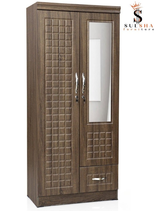 سلشا 2 باب خزانة ملابس خشبية خزانة هندسية الخشب الكمال الحديثة الأنيقة الثقيلة مع مرآة مع 1 درج لون البلوط - Image 1