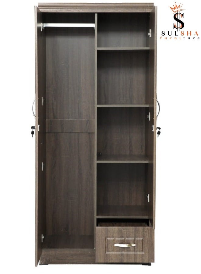 سلشا 2 باب خزانة ملابس خشبية خزانة هندسية الخشب الكمال الحديثة الأنيقة الثقيلة مع مرآة مع 1 درج لون البلوط - Image 2