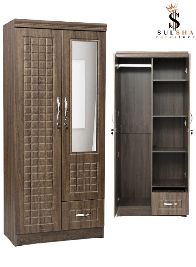 سلشا 2 باب خزانة ملابس خشبية خزانة هندسية الخشب الكمال الحديثة الأنيقة الثقيلة مع مرآة مع 1 درج لون البلوط - Image 3