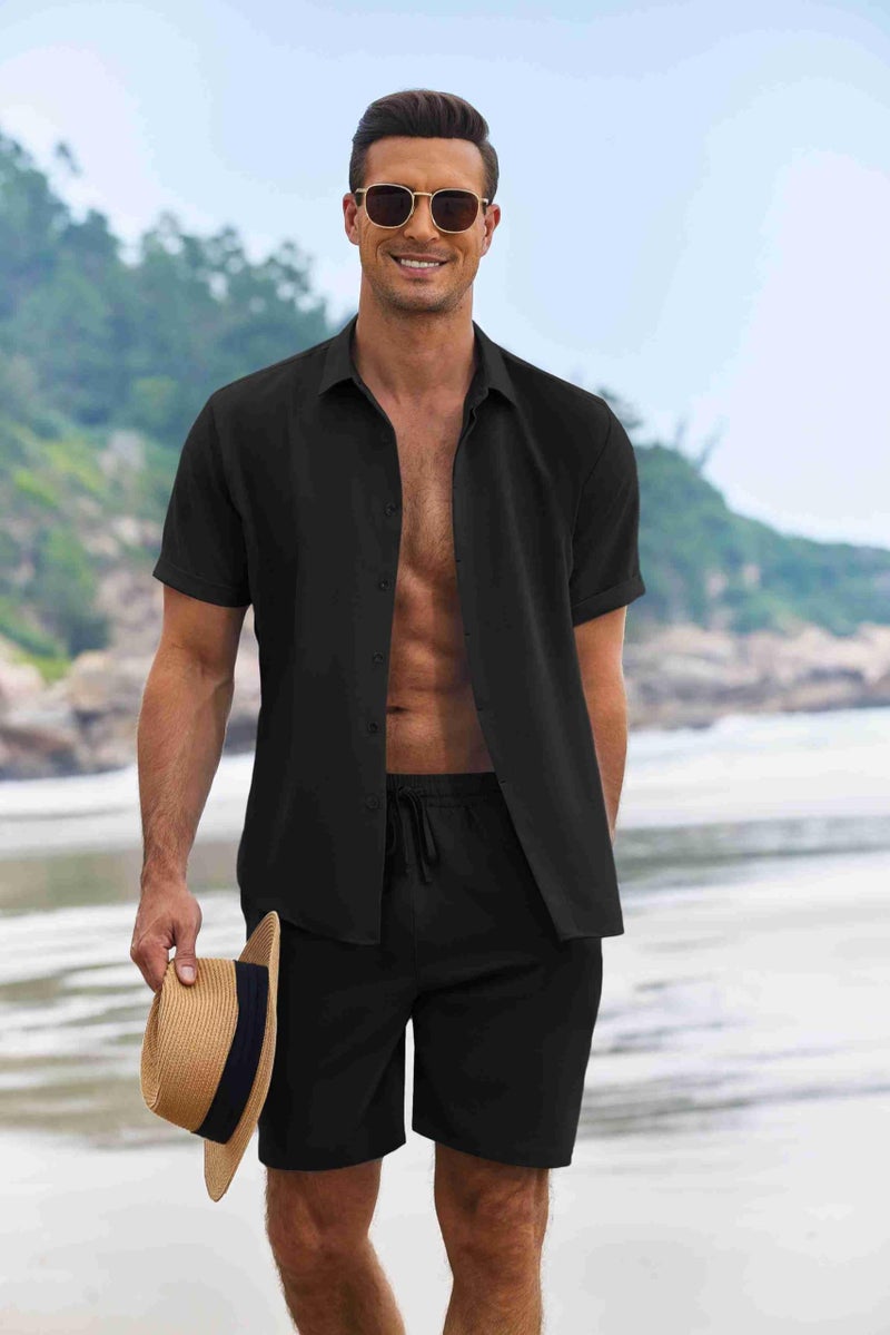 COOFANDY Mens Beach Set 2 Piece Linen Outfit for Men Short Sets, Black, X-Large - Image 2