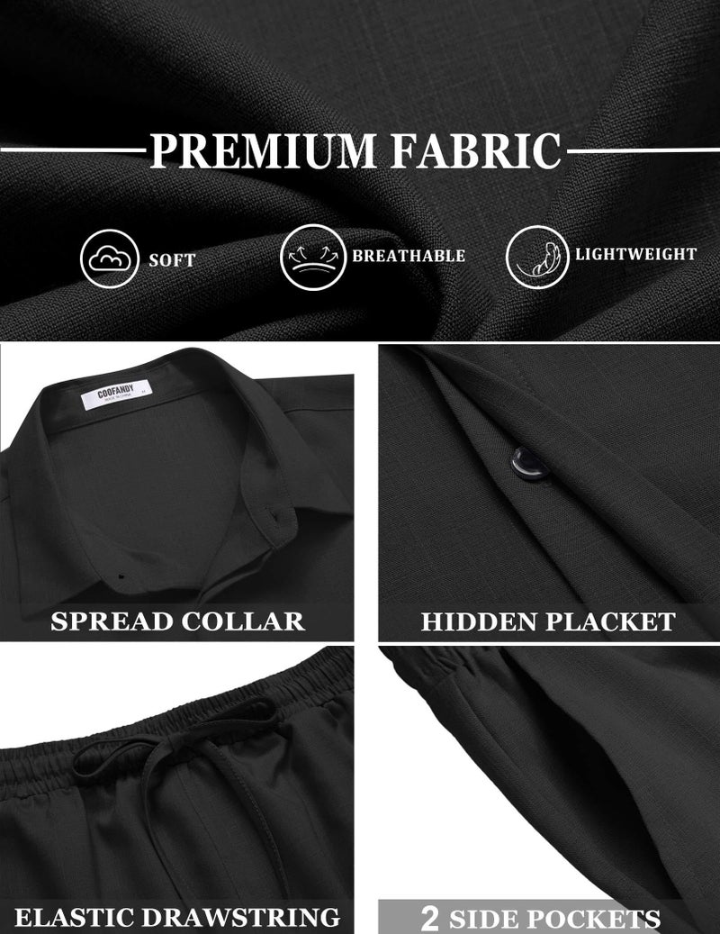 COOFANDY Mens Beach Set 2 Piece Linen Outfit for Men Short Sets, Black, X-Large - Image 5