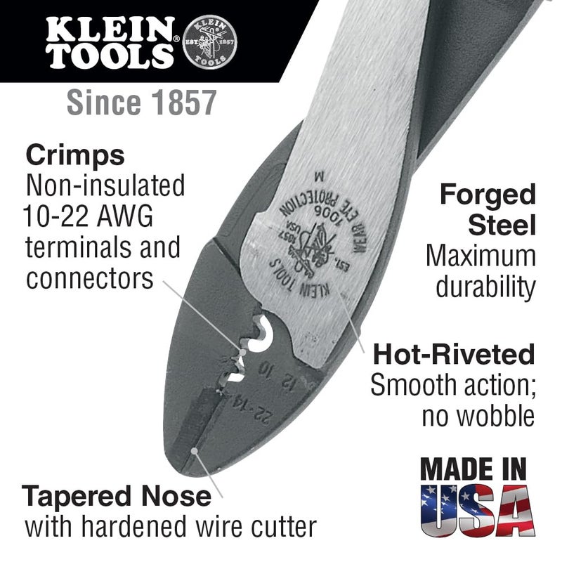 Klein Tools 1006 Cutting/Crimping Tool, Made in USA, Crimps 10 to 22 AWG Solderless Terminals and Connectors, with Wire Cutter in Tapered Nose - Image 2