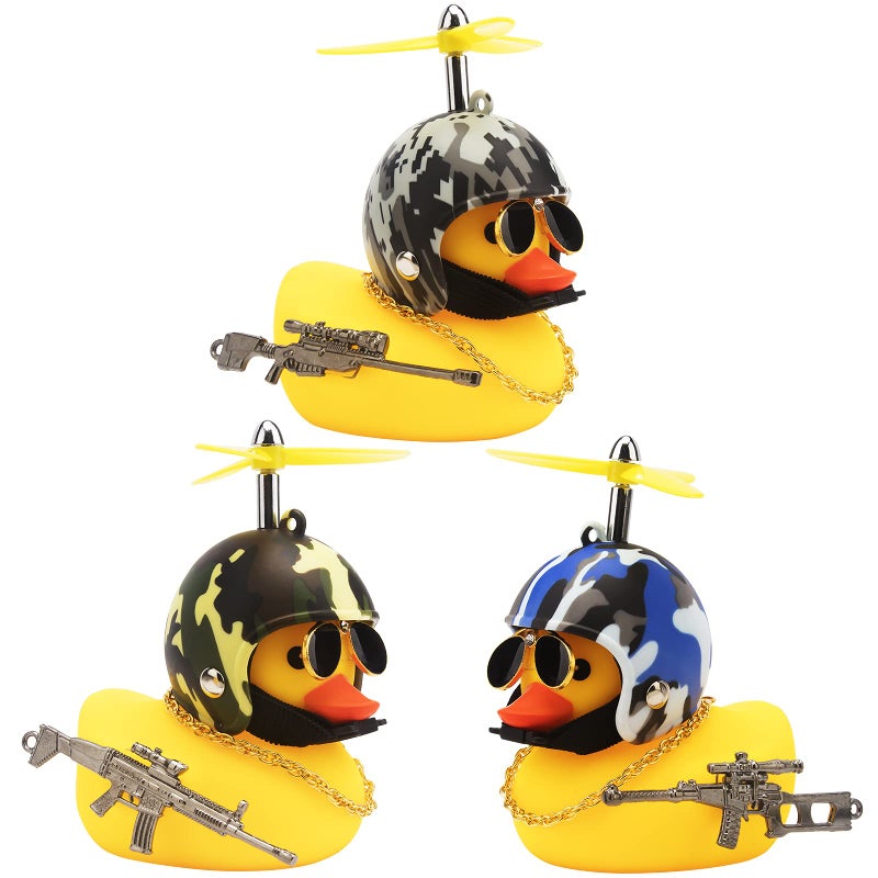wonuu wonuu 3 Pack Car Rubber Duck Cute Yellow WindBreaking Ducks Dashboard Decorations Small Ornaments with Propellers Glasses Gold Chain YellowCamouflage