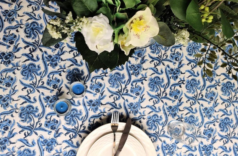 ATOSII Midnight Bloom 100% Cotton Fall Tablecloth  Handblock Print Blue Rectangle Table Cloth for Kitchen Dining Table Linen I Parties Wedding Outdoor Decor 60 X 90 Inches - Image 3