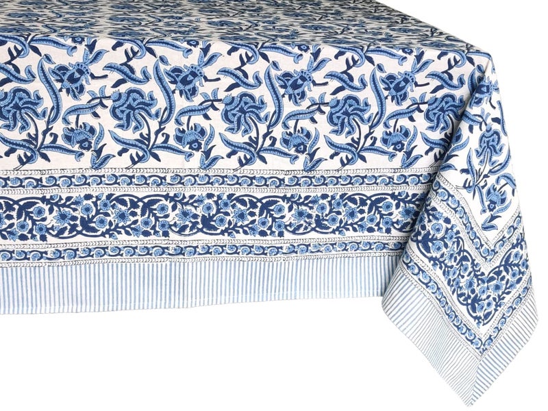 ATOSII Midnight Bloom 100% Cotton Fall Tablecloth  Handblock Print Blue Rectangle Table Cloth for Kitchen Dining Table Linen I Parties Wedding Outdoor Decor 60 X 90 Inches - Image 1