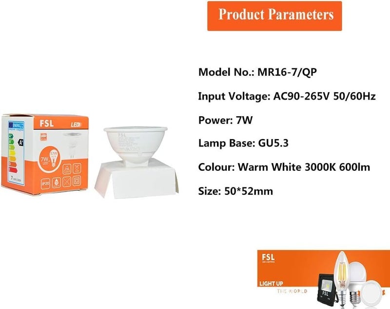 إف اس إل مصباح LED MR16 بقوة 7 واط من FSL، بقاعدة GU5.3، جهد كهربائي AC90-220V، لون أبيض دافئ 3000K، ضمان لمدة عام واحد، عبوة من 10 قطع - Image 3