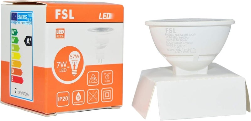 إف اس إل مصباح LED MR16 بقوة 7 واط من FSL، بقاعدة GU5.3، جهد كهربائي AC90-220V، لون أبيض دافئ 3000K، ضمان لمدة عام واحد، عبوة من 10 قطع - Image 1