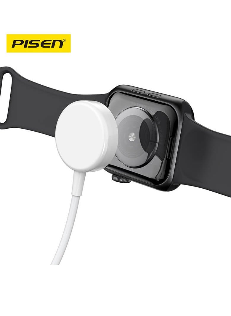 Pisen Apple Watch Charger Magnetic Fast Charging USB C Cable [Portable] Magnetic Wireless Charging Compatible with iWatch Series Ultra/10/9/8/7/6/SE/5/4/3/2- 1M - White - Image 1