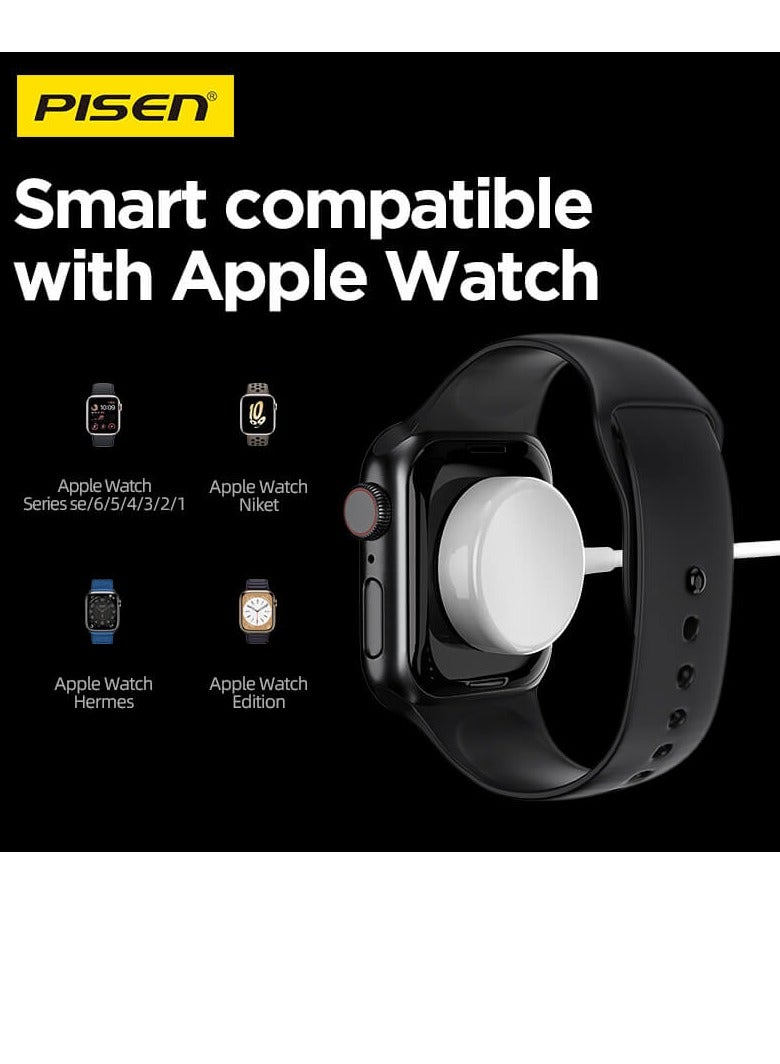 Pisen Apple Watch Charger Magnetic Fast Charging USB C Cable [Portable] Magnetic Wireless Charging Compatible with iWatch Series Ultra/10/9/8/7/6/SE/5/4/3/2- 1M - White - Image 3