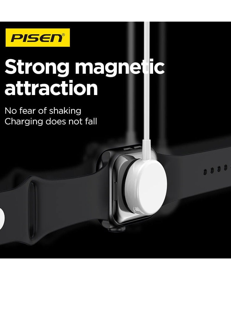 Pisen Apple Watch Charger Magnetic Fast Charging USB C Cable [Portable] Magnetic Wireless Charging Compatible with iWatch Series Ultra/10/9/8/7/6/SE/5/4/3/2- 1M - White - Image 5