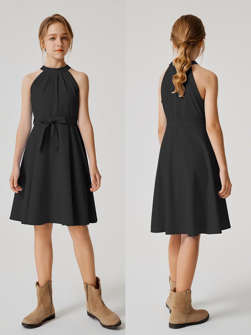 Quedoris Girls Halter Neck Sleeveless Belted Dress with Zipper Black 140Y - Image 4