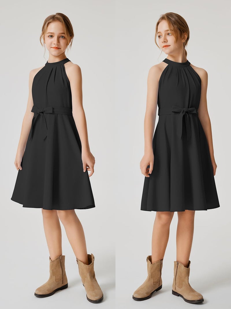 Quedoris Girls Halter Neck Sleeveless Belted Dress with Zipper Black 140Y - Image 3
