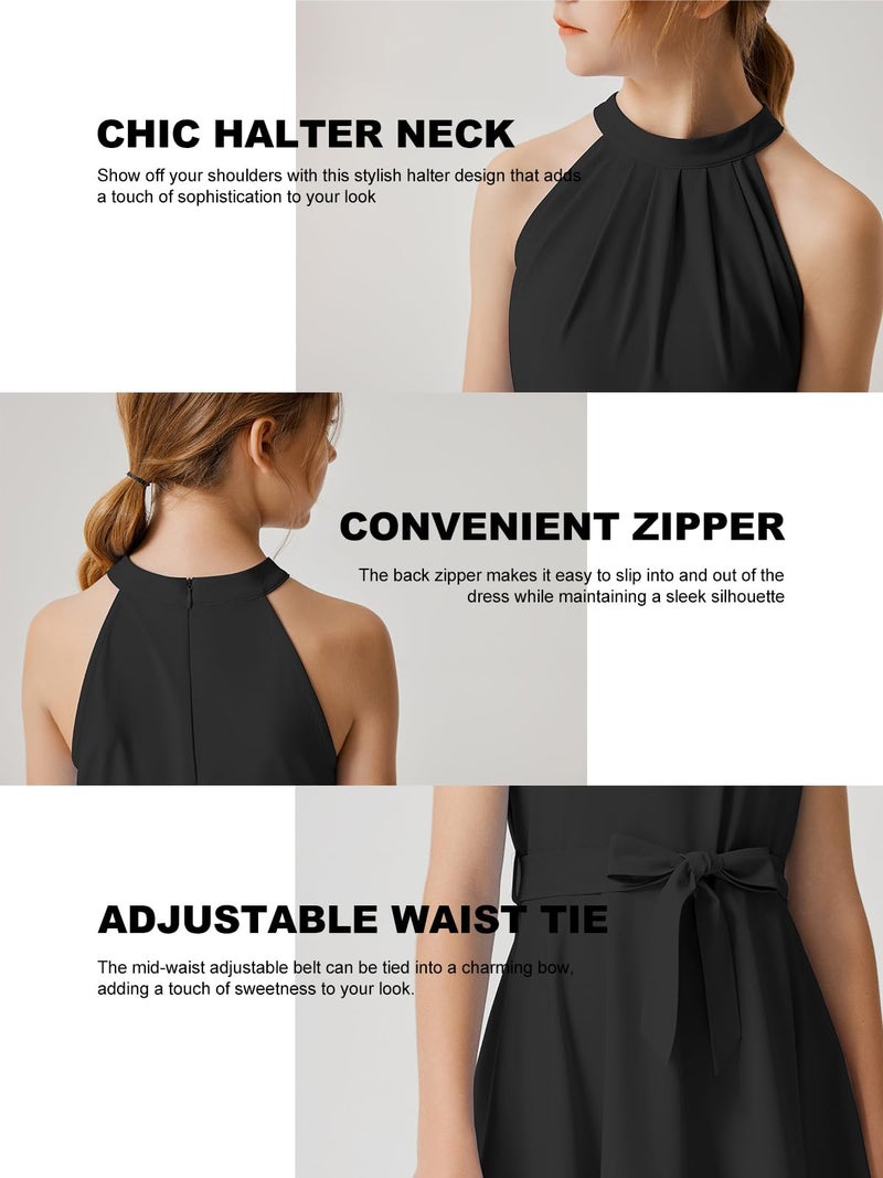 Quedoris Girls Halter Neck Sleeveless Belted Dress with Zipper Black 140Y - Image 5