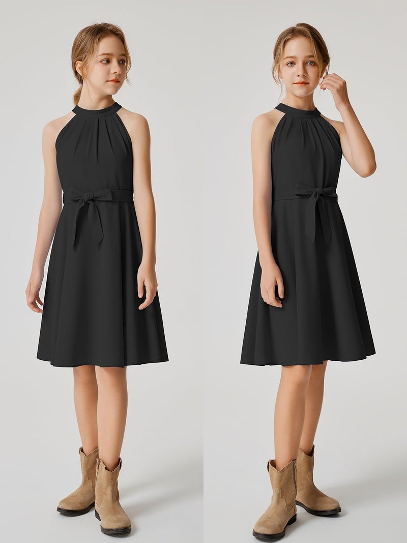 Quedoris Girls Halter Neck Sleeveless Belted Dress with Zipper Black 140Y - Image 2