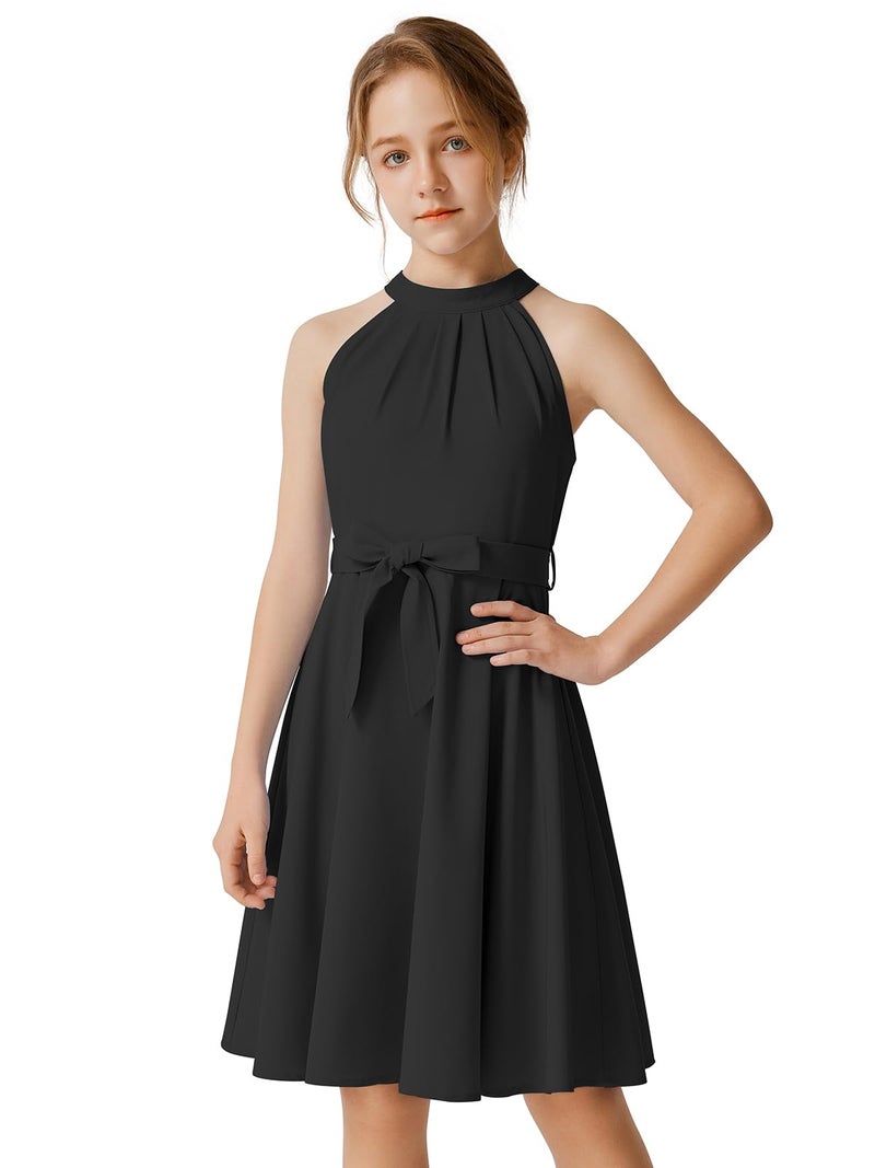 Quedoris Girls Halter Neck Sleeveless Belted Dress with Zipper Black 140Y - Image 1