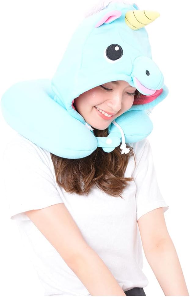 SAZAC SAZAC Animal Neck Support Pillow  Soft Cozy Travel Cushion with Adjustable Toggle  Attached Hood for Warmth and Privacy  Authentic Japanese Kawaii Design  Premium Quality Blue Unicorn - Image 5