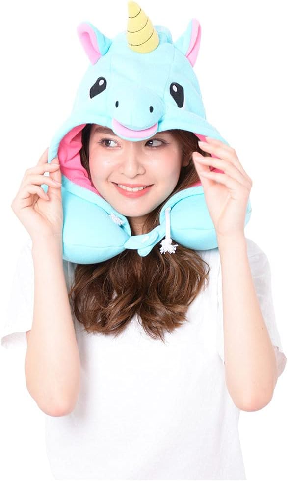 SAZAC SAZAC Animal Neck Support Pillow  Soft Cozy Travel Cushion with Adjustable Toggle  Attached Hood for Warmth and Privacy  Authentic Japanese Kawaii Design  Premium Quality Blue Unicorn - Image 1