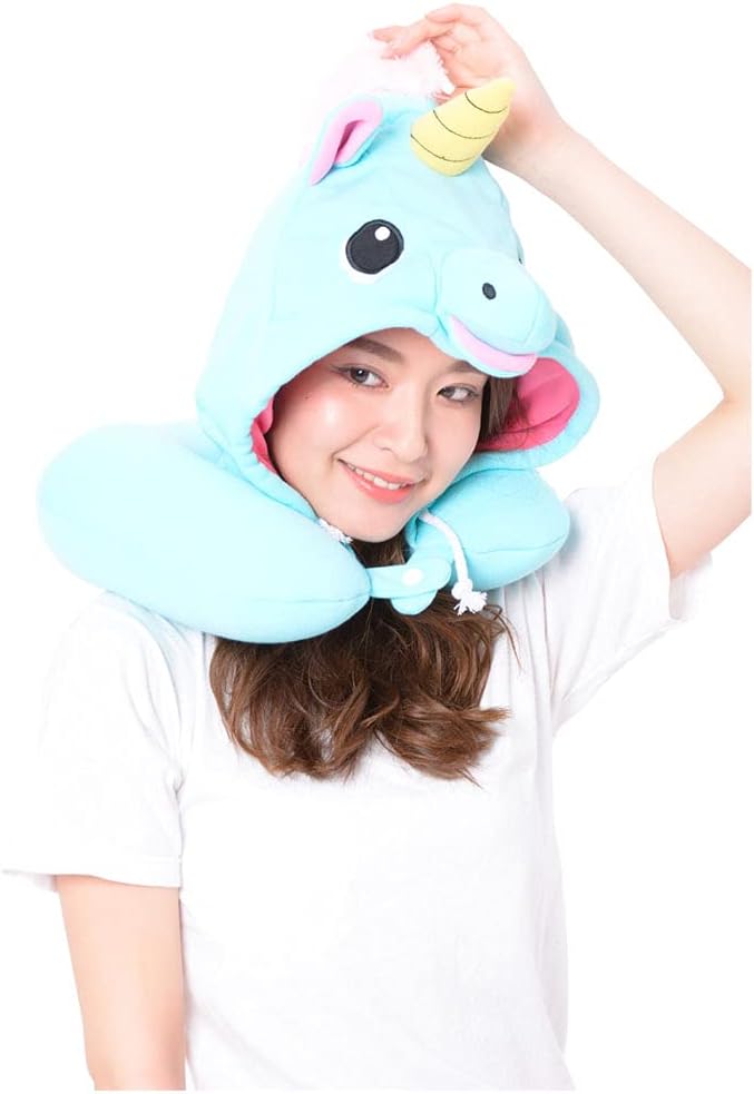 SAZAC SAZAC Animal Neck Support Pillow  Soft Cozy Travel Cushion with Adjustable Toggle  Attached Hood for Warmth and Privacy  Authentic Japanese Kawaii Design  Premium Quality Blue Unicorn - Image 4