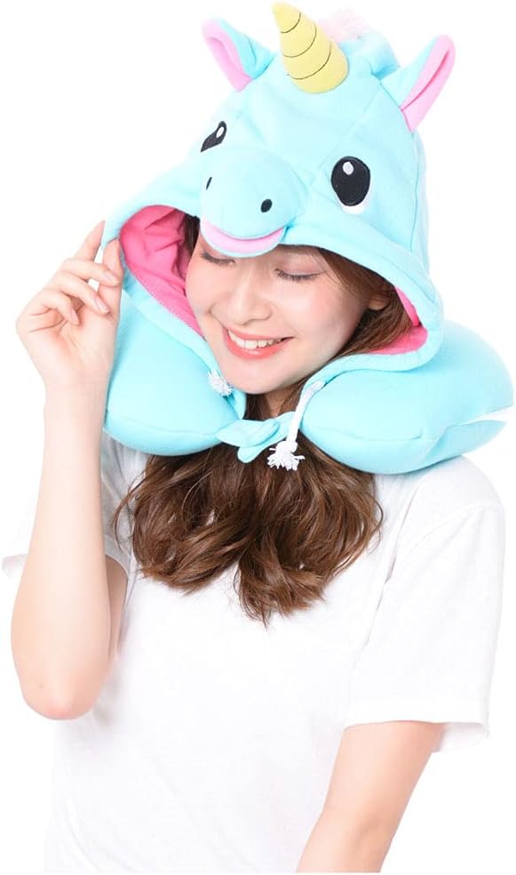 SAZAC SAZAC Animal Neck Support Pillow  Soft Cozy Travel Cushion with Adjustable Toggle  Attached Hood for Warmth and Privacy  Authentic Japanese Kawaii Design  Premium Quality Blue Unicorn - Image 3