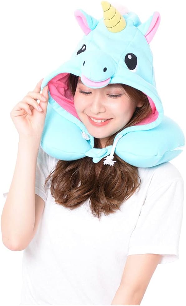 SAZAC SAZAC Animal Neck Support Pillow  Soft Cozy Travel Cushion with Adjustable Toggle  Attached Hood for Warmth and Privacy  Authentic Japanese Kawaii Design  Premium Quality Blue Unicorn - Image 2