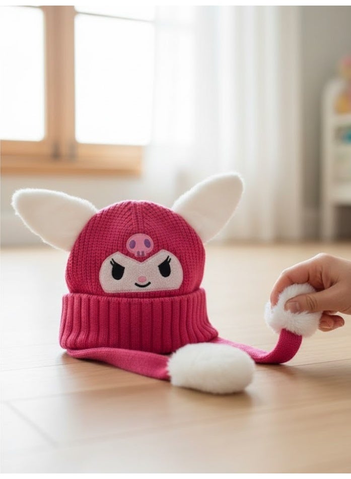 zoba Cute cartoon design winter hat for kids - soft wool hat with a push mechanism to move the ears - interactive and fun for children - warm and lightweight with push balls at the ends - suitable for girls and boys (pink) - Image 5