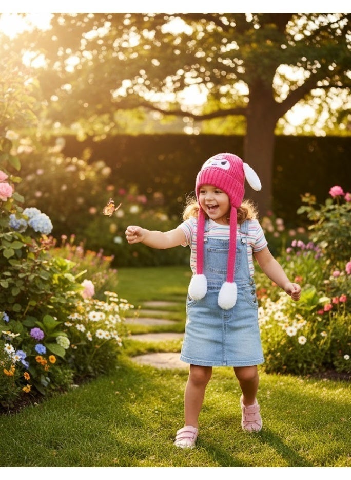 zoba Cute cartoon design winter hat for kids - soft wool hat with a push mechanism to move the ears - interactive and fun for children - warm and lightweight with push balls at the ends - suitable for girls and boys (pink) - Image 2