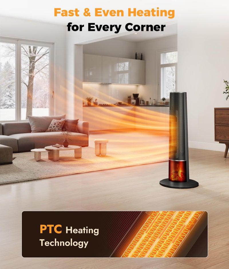 Oylus Tower Heater for Indoor Use - 25" Portable Space Heater with 3D Flame, Remote, Adjustable Thermostat, 2 Heat Modes, Multiple Safety Protection, 12H Timer, Quiet Electric Heater for Large Room - Image 5