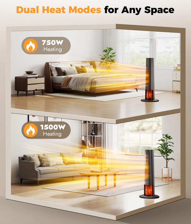 Oylus Tower Heater for Indoor Use - 25" Portable Space Heater with 3D Flame, Remote, Adjustable Thermostat, 2 Heat Modes, Multiple Safety Protection, 12H Timer, Quiet Electric Heater for Large Room - Image 2