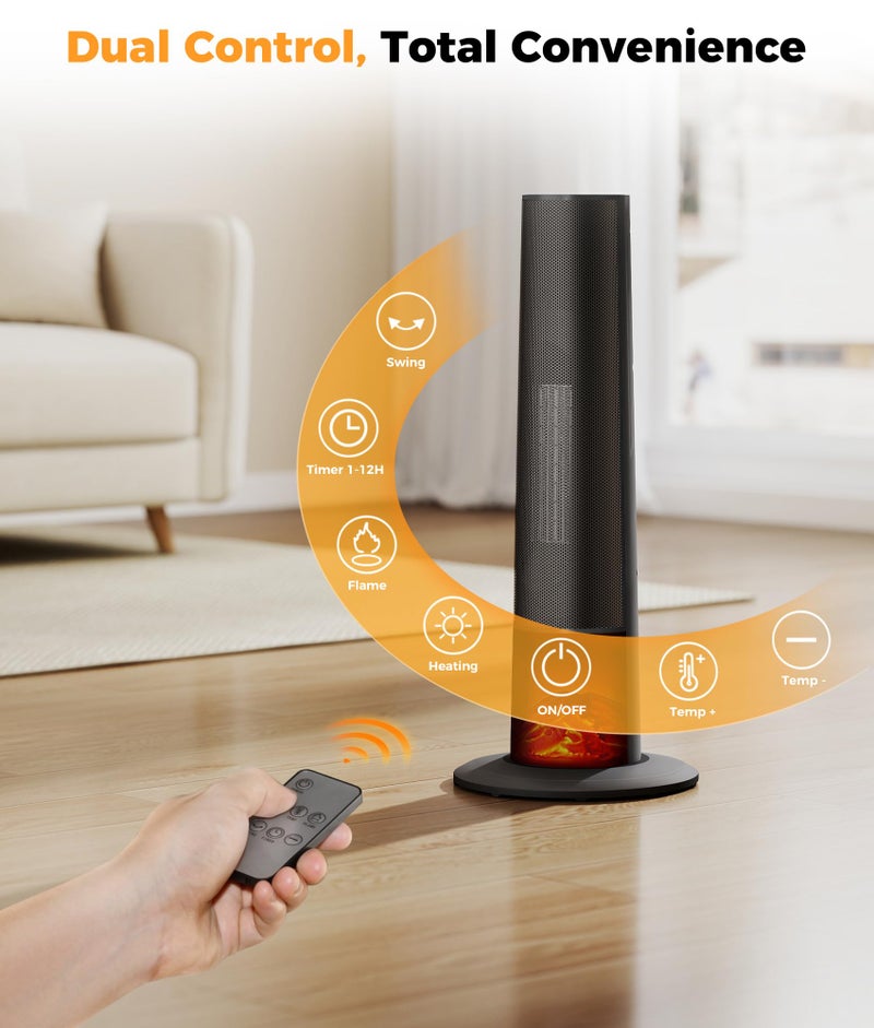 Oylus Tower Heater for Indoor Use - 25" Portable Space Heater with 3D Flame, Remote, Adjustable Thermostat, 2 Heat Modes, Multiple Safety Protection, 12H Timer, Quiet Electric Heater for Large Room - Image 3