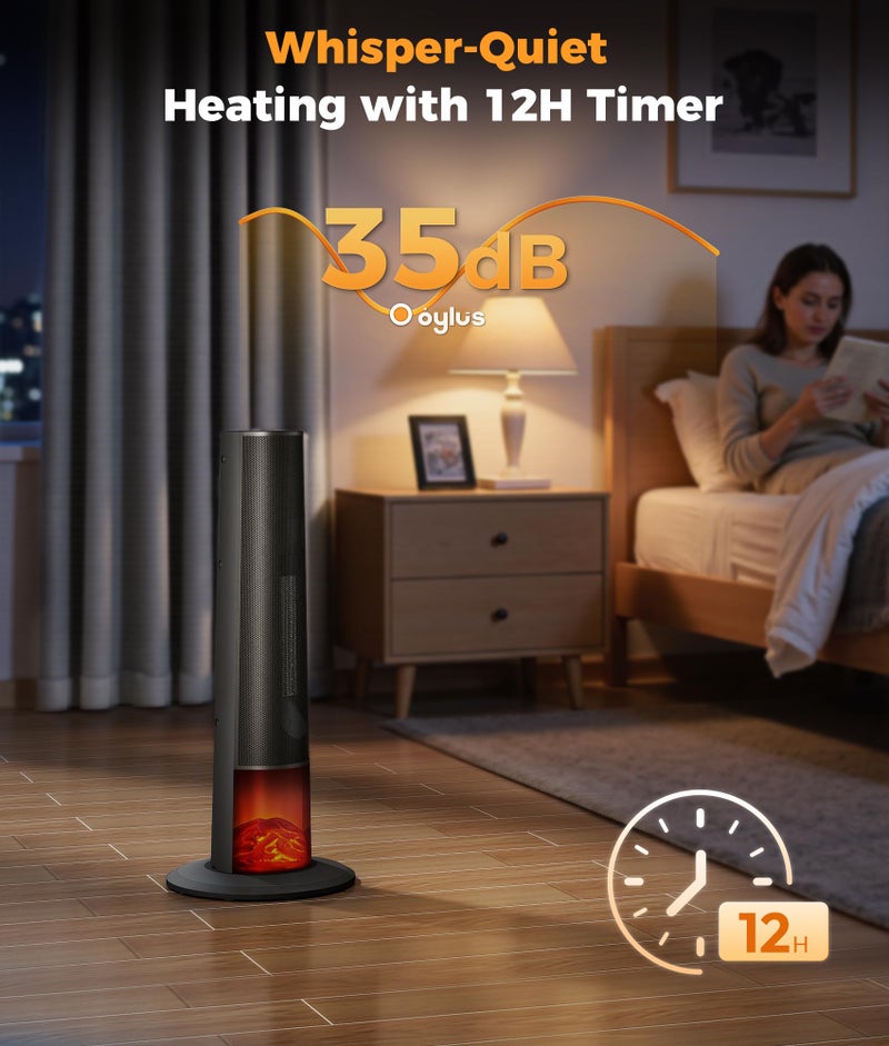 Oylus Tower Heater for Indoor Use - 25" Portable Space Heater with 3D Flame, Remote, Adjustable Thermostat, 2 Heat Modes, Multiple Safety Protection, 12H Timer, Quiet Electric Heater for Large Room - Image 4