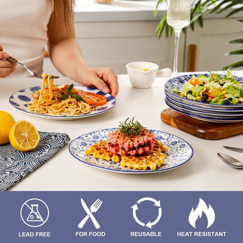 Cerkik Ceramic Salad Plates Set  85 Inch Small Round Dessert Dishes for Kitchen Dinner Pasta Appetizer Sandwich  Scratch Resistant Porcelain Microwave Oven Dishwasher Safe  Set of 6  Vintage Blue - Image 3