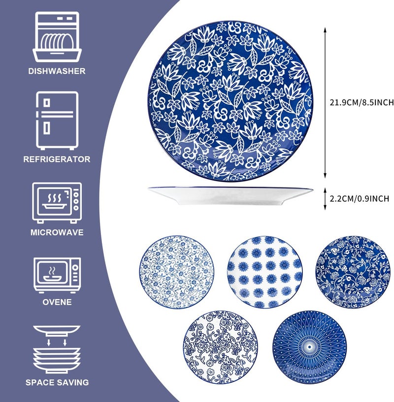 Cerkik Ceramic Salad Plates Set  85 Inch Small Round Dessert Dishes for Kitchen Dinner Pasta Appetizer Sandwich  Scratch Resistant Porcelain Microwave Oven Dishwasher Safe  Set of 6  Vintage Blue - Image 4