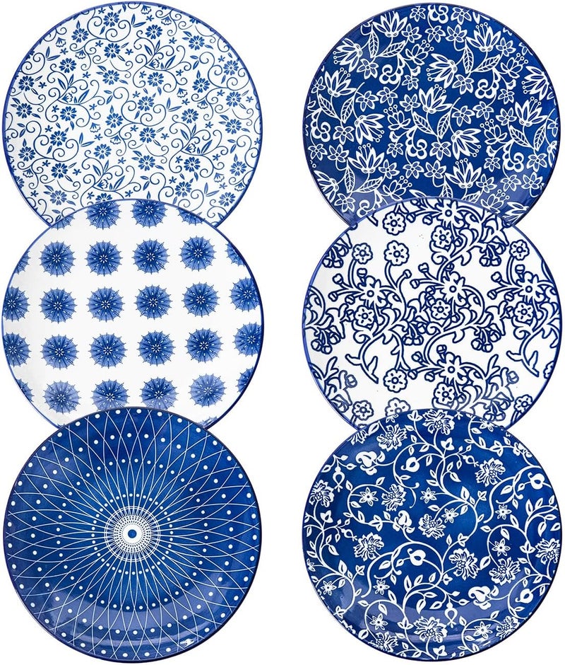 Cerkik Ceramic Salad Plates Set  85 Inch Small Round Dessert Dishes for Kitchen Dinner Pasta Appetizer Sandwich  Scratch Resistant Porcelain Microwave Oven Dishwasher Safe  Set of 6  Vintage Blue - Image 1