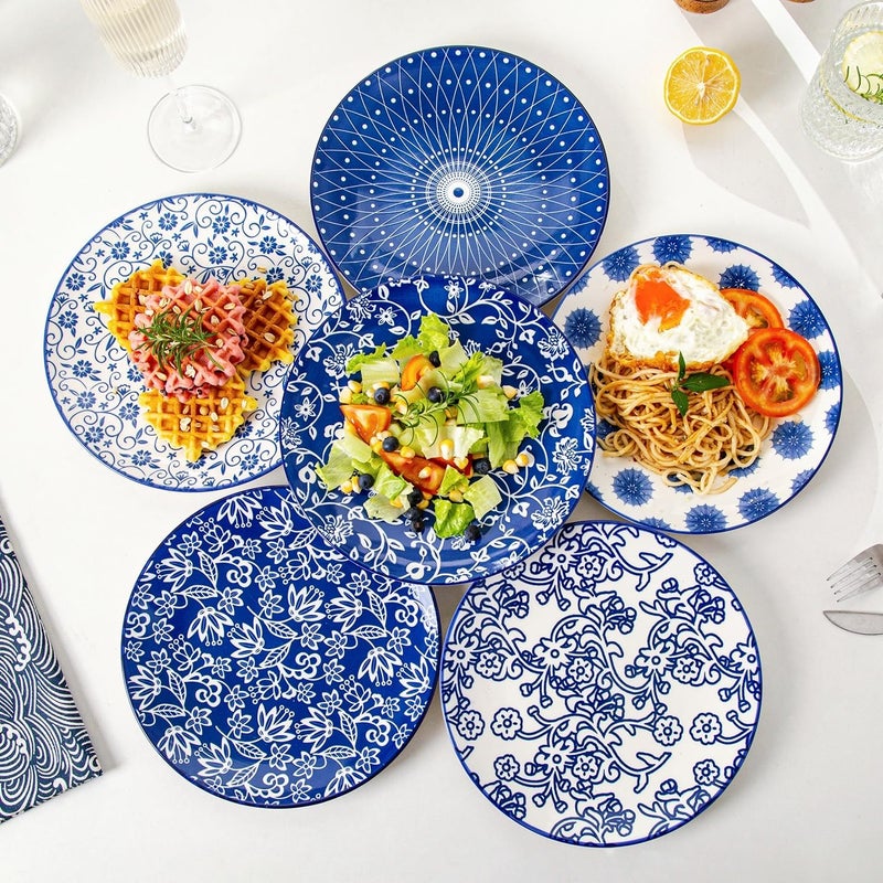 Cerkik Ceramic Salad Plates Set  85 Inch Small Round Dessert Dishes for Kitchen Dinner Pasta Appetizer Sandwich  Scratch Resistant Porcelain Microwave Oven Dishwasher Safe  Set of 6  Vintage Blue - Image 5