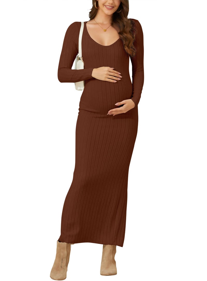 guruixu Maternity Sweater Dress Scoop Neck Ribbed Knit Long Sleeve Maxi Bodycon Pregnancy Dress for Baby Shower & Photoshoot Coffee - Image 1