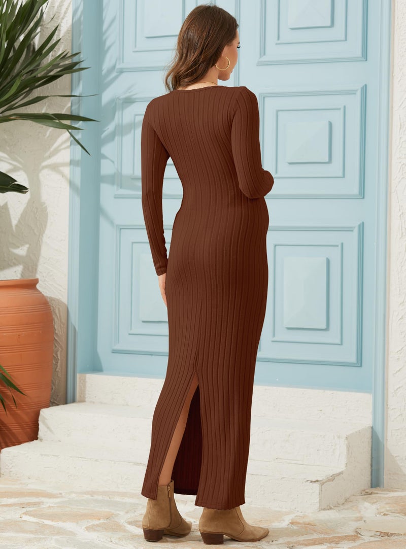 guruixu Maternity Sweater Dress Scoop Neck Ribbed Knit Long Sleeve Maxi Bodycon Pregnancy Dress for Baby Shower & Photoshoot Coffee - Image 4