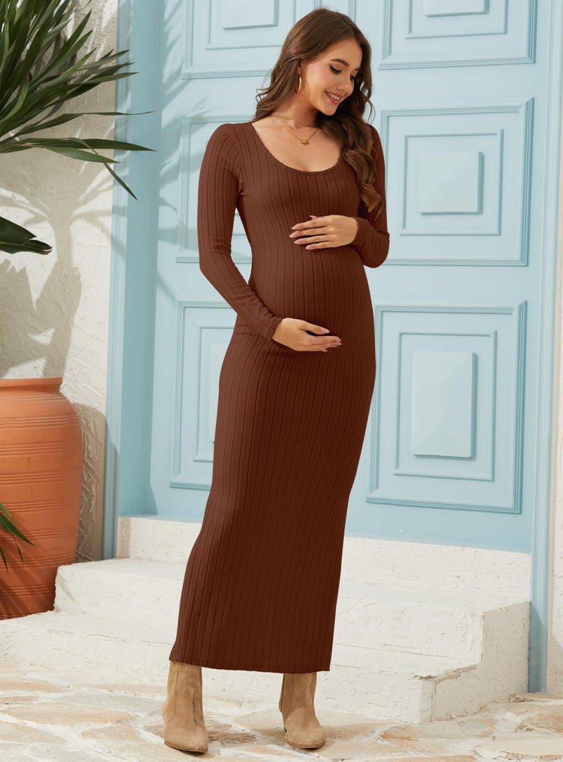 guruixu Maternity Sweater Dress Scoop Neck Ribbed Knit Long Sleeve Maxi Bodycon Pregnancy Dress for Baby Shower & Photoshoot Coffee - Image 2