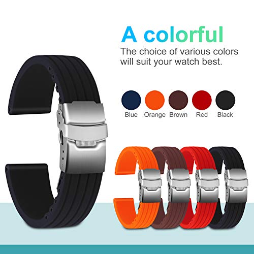ULLCHRO Silicone Watch Strap Replacement Rubber Watch Band Waterproof Stripe Pattern - 14mm, 16mm, 18mm, 20mm, 22mm, 24mm Watch Bracelet with Stainless Steel Deployment Buckle (14mm, Black) - Image 3