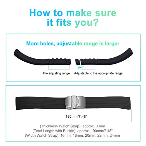 ULLCHRO Silicone Watch Strap Replacement Rubber Watch Band Waterproof Stripe Pattern - 14mm, 16mm, 18mm, 20mm, 22mm, 24mm Watch Bracelet with Stainless Steel Deployment Buckle (14mm, Black) - Image 5