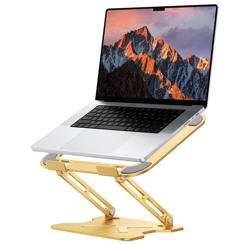JCZT Adjustable Laptop Stand for Desk, Metal Foldable Laptop Riser, Portable Laptop Holder Mount, Ventilated Cooling Computer Notebook Stand for MacBook Air Pro, All 10-16'' Notebooks Laptops, Gold - Image 1