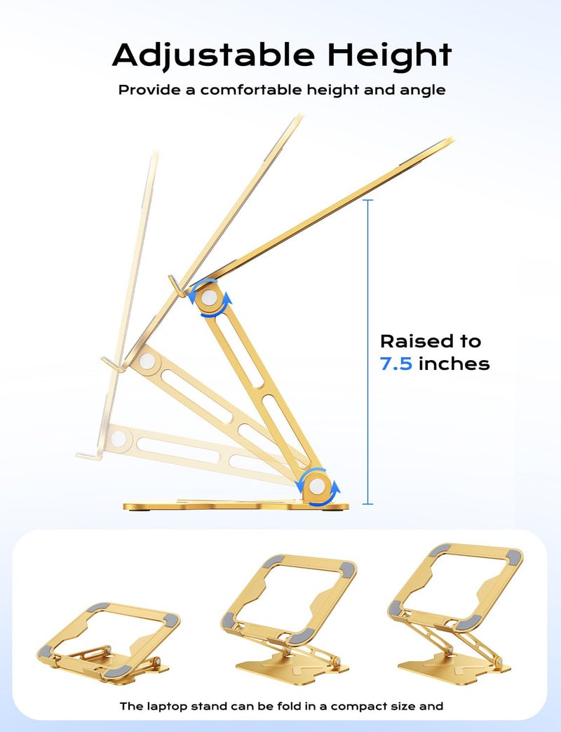 JCZT Adjustable Laptop Stand for Desk, Metal Foldable Laptop Riser, Portable Laptop Holder Mount, Ventilated Cooling Computer Notebook Stand for MacBook Air Pro, All 10-16'' Notebooks Laptops, Gold - Image 3